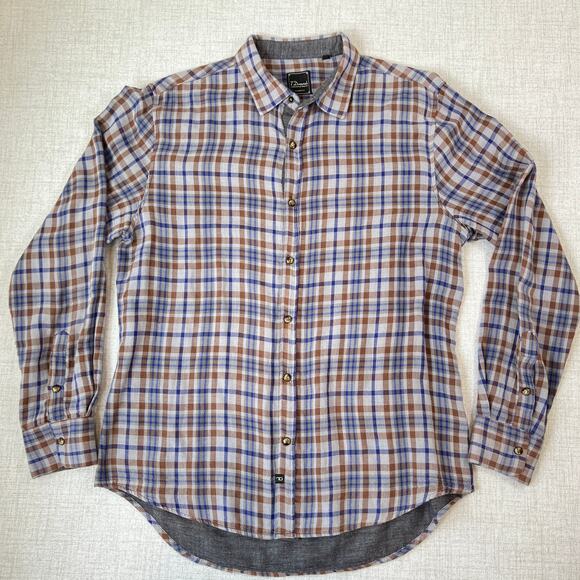 7 DIAMONDS Plaid Semi Gauze 2 Layer Snap Button Shirt Gray Brown & Blue Lrg - Picture 1 of 12